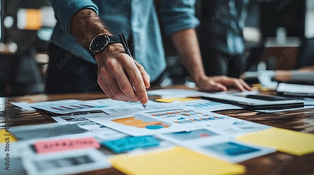 Fototapeta premium Businessman Analyzing Charts Data on Desk Financial Analysis Strategy Meeting Marketi