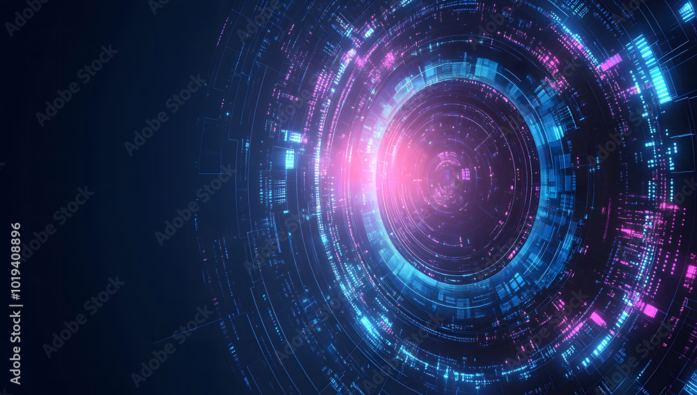 Obraz premium Abstract futuristic technology background design with blue and purple circular shapes design, vector illustration design. Digital data, high-tech concept. Flat design