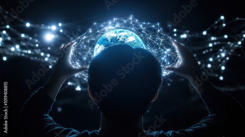 Hand holding a globe, a digital globe glowing with glowing lines and dots connecting it, a dark glowing atmosphere concept