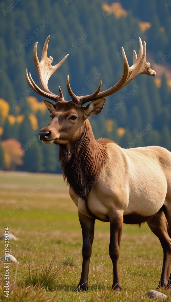An elk is depicted against a lively colorful wilderness with a blurred background An elk is depicted against a lively colorful wilderness with a blurred background