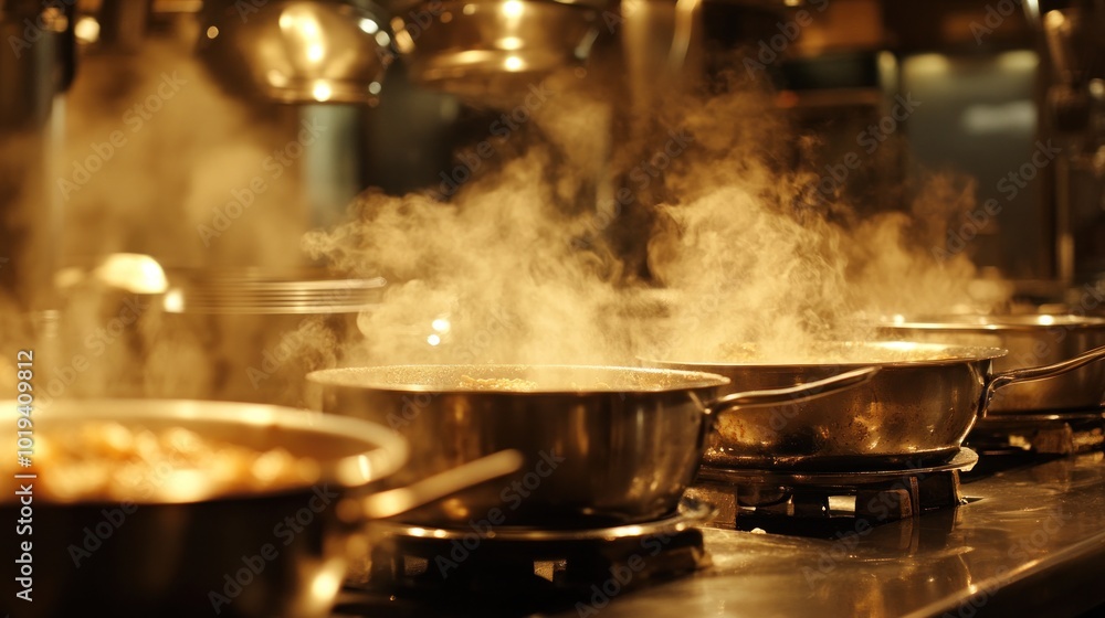 Steam Rising from Pots in a Restaurant Kitchen