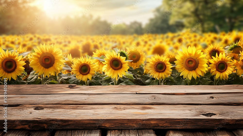 Empty old wooden table with sunflower field for background Empty old wooden table with sunflower field for background