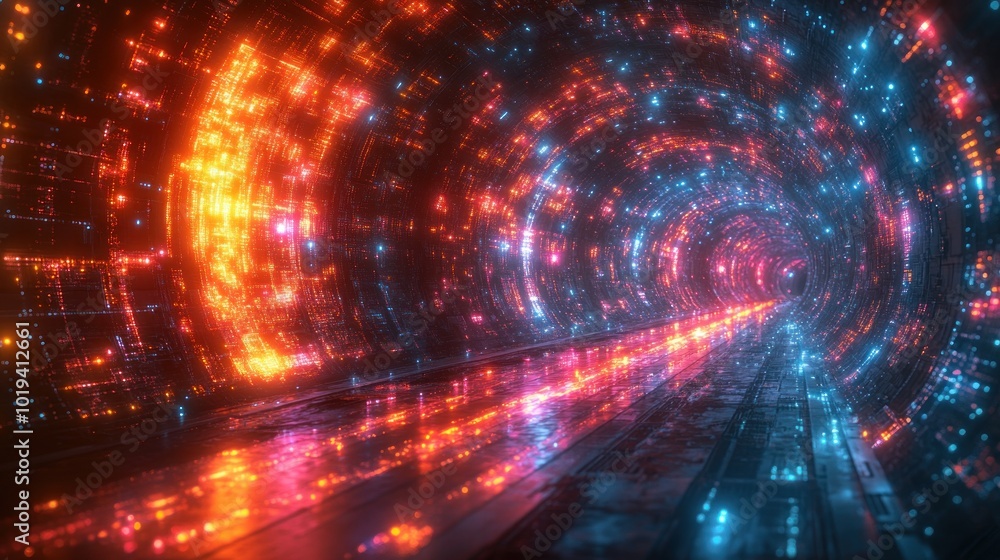Obraz premium A vibrant, futuristic tunnel illuminated by colorful lights.