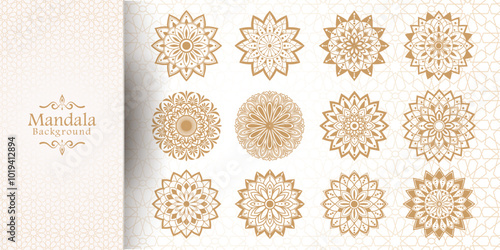 A Set of hand drawn mandala elements, Luxury mandala background with golden arabesque pattern Arabic Islamic east style, Ornamental mandala with golden color arabesque floral pattern