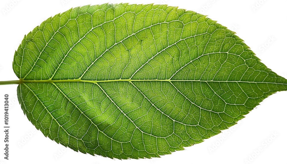 Obraz premium A close-up of a single, green leaf isolated on a white background shows its veins and fresh, natural texture