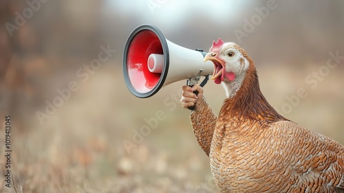 A turkey holding a megaphone, gobbling loudly in a field before Thanksgiving   turkey, megaphone, loud gobble