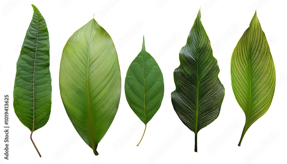 The image depicts a set of green leaves isolated on a white background, showcasing their natural beauty and fresh appearance The image depicts a set of green leaves isolated on a white background, showcasing their natural beauty and fresh appearance