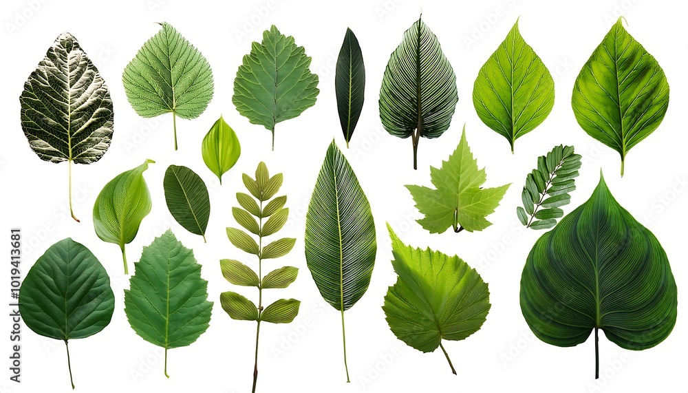 The image depicts a set of green leaves isolated on a white background, showcasing their natural beauty and fresh appearance The image depicts a set of green leaves isolated on a white background, showcasing their natural beauty and fresh appearance