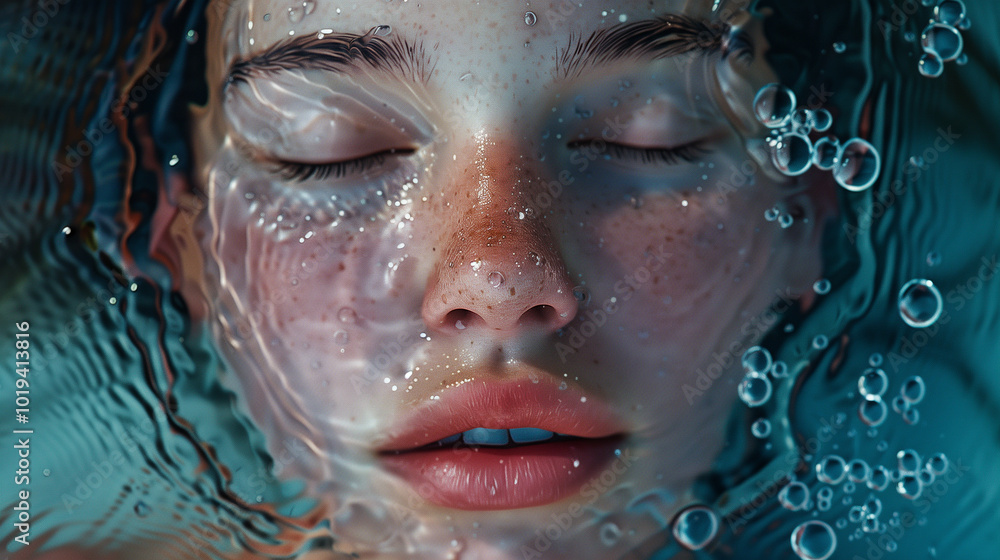 Close-up of a serene woman floating with closed eyes in water, emphasizing calmness Close-up of a serene woman floating with closed eyes in water, emphasizing calmness