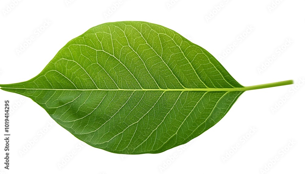 A close-up of a single, green leaf isolated on a white background shows its veins and fresh, natural texture A close-up of a single, green leaf isolated on a white background shows its veins and fresh, natural texture