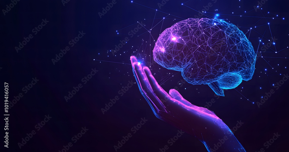 Fototapeta premium Futuristic Hand Holding a Digital Brain with Neural Network Connections
