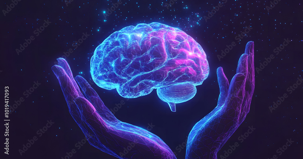 Futuristic Hand Holding a Digital Brain with Neural Network Connections Futuristic Hand Holding a Digital Brain with Neural Network Connections