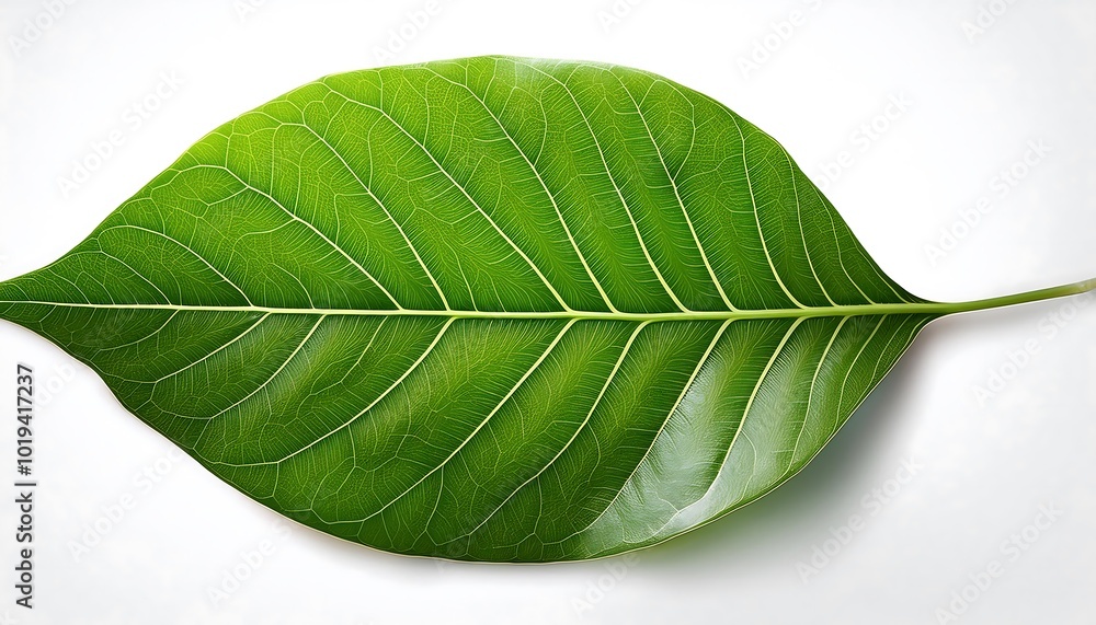 Fototapeta premium A close-up of a single, green leaf isolated on a white background shows its veins and fresh, natural texture
