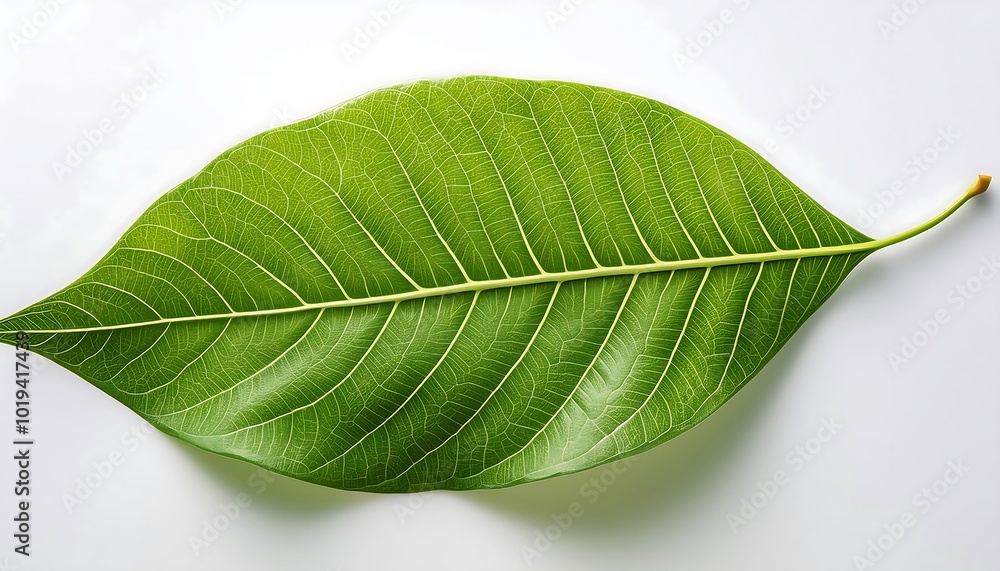Obraz premium A close-up of a single, green leaf isolated on a white background shows its veins and fresh, natural texture