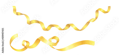 Set of shiny yellow, golden serpentine ribbon with curls on isolated background. Hand drawn watercolor illustration. Holiday decoration for design, cards, invitations, congratulations, packaging