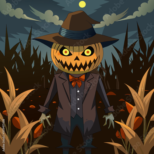 A scarecrow with an evil grin standing in a dark cornfield.