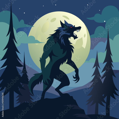 A werewolf howling at the moon with forest trees in the background.