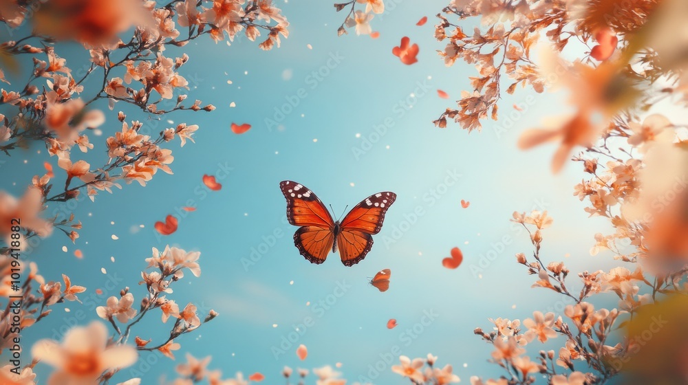 A Monarch Butterfly Soaring Through a Field of Pink Blossoms A Monarch Butterfly Soaring Through a Field of Pink Blossoms