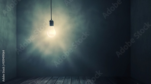 Dark empty room with single flickering light bulb casting long shadows, emphasizing absence of power and eerie atmosphere, minimalist setting with focus on light bulb's glow.