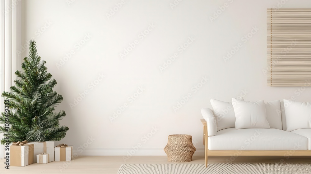 Coastalstyle living room with beachy Christmas decor, 3D illustration Coastalstyle living room with beachy Christmas decor, 3D illustration