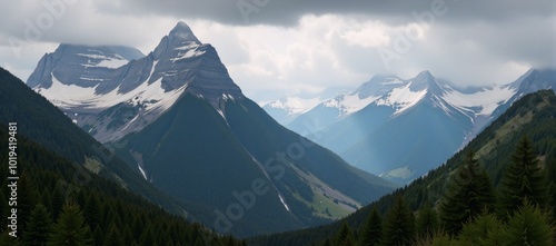 A majestic mountain forest landscape showcases foggy mornings and sunbeam rays breaking through photo