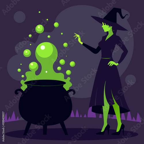 A witch’s silhouette standing by a bubbling cauldron, with glowing potions around her.