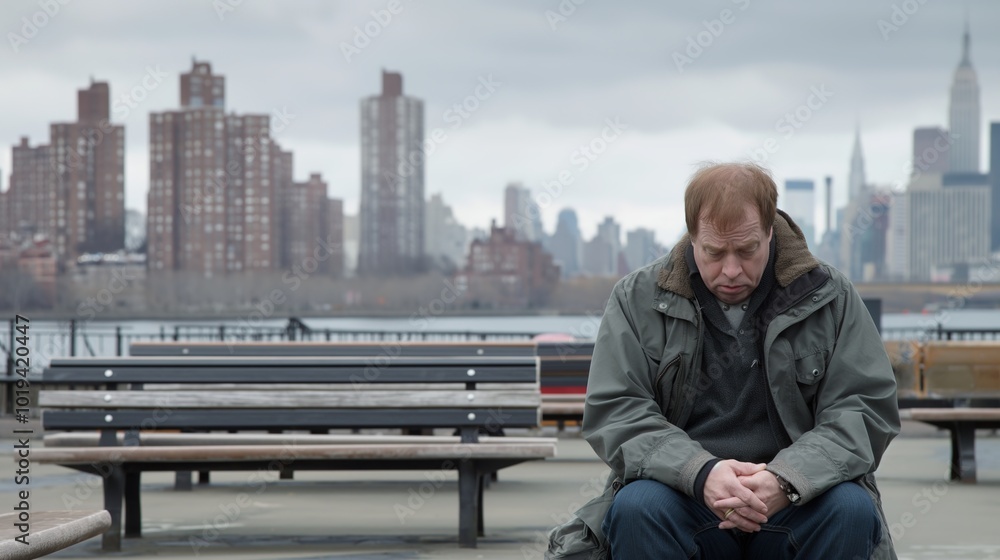 Man sitting alone on park bench with worried expression, surrounded by empty benches, capturing loneliness and uncertainty of unemployment. Man sitting alone on park bench with worried expression, surrounded by empty benches, capturing loneliness and uncertainty of unemployment.