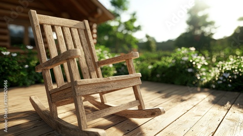 Rustic Wooden Rocking Chair on Porch with Cabin and Lush Greenery