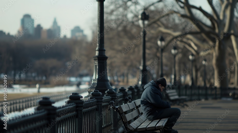 Fototapeta premium Man sitting alone on park bench with worried expression, surrounded by empty benches, capturing loneliness and uncertainty of unemployment.