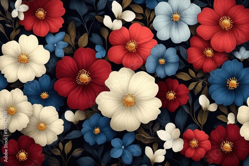 Wallpaper Mural seamless pattern features a beautiful array of red white and blue flowers and leaves against a striking black background creating a bold and vibrant textile design Torontodigital.ca