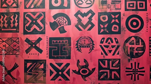 Vibrant African Tribal Wall Art, showcasing bold patterns and symbols in earthy tones with a touch of pink, celebrating cultural heritage and artistry