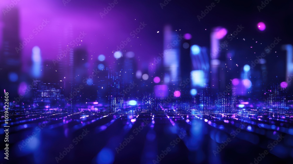 Obraz premium Futuristic cityscape with vibrant neon lights and digital effects