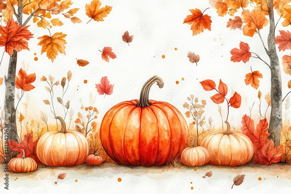 Naklejka premium seamless pattern featuring autumn elements like trees pumpkins and leaves rendered in watercolor style the warm colors and playful composition evoke feelings of harvest and seasonal celebration