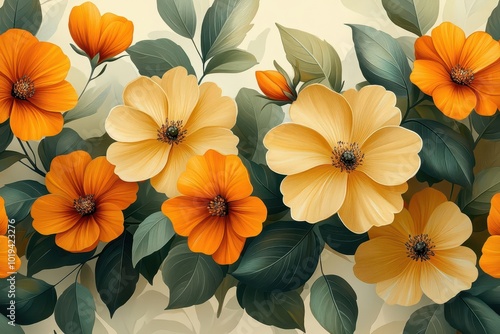 Wallpaper Mural seamless pattern of vibrant orange and yellow flowers intertwined with green leaves against a soft cream background conveying warmth and a cheerful ambiance Torontodigital.ca
