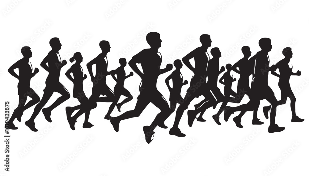 Marathon Runner Running Silhouette, Marathon run silhouette vector illustration black and white art Marathon Runner Running Silhouette, Marathon run silhouette vector illustration black and white art