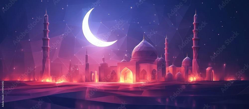 Fototapeta premium mosque and arabic moon polygonal, geometry triangle. Light connection structure
