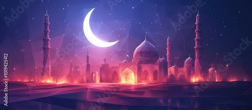 mosque and arabic moon polygonal, geometry triangle. Light connection structure