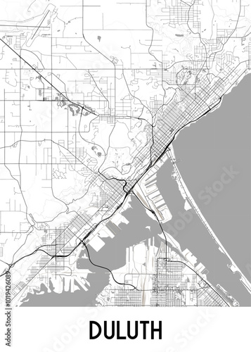 Map of Duluth, Minnesota. The map showcases the city's street network, major roads, and waterways. The city's layout is clearly visible, with a focus on the downtown area and the harbor.