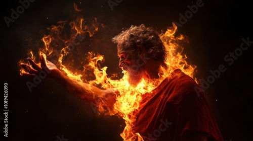 A fiery figure in a dramatic pose, enveloped in flames, against a dark background.