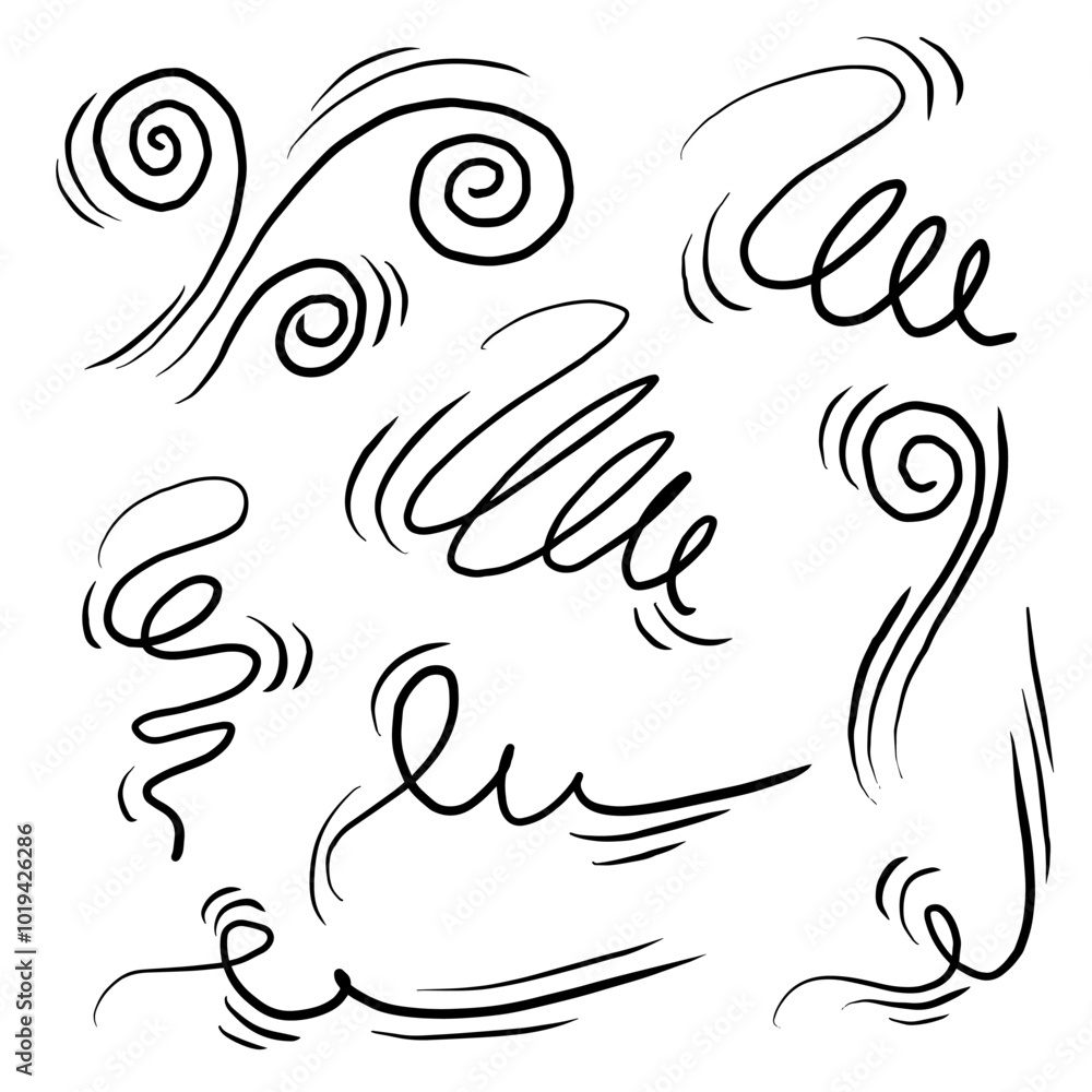 Doodle wind line sketch set. Hand drawn doodle wind movement, air blowing, vortex elements. Sketch of air blowing movement, abstract lines. Isolated vector illustration. Doodle wind line sketch set. Hand drawn doodle wind movement, air blowing, vortex elements. Sketch of air blowing movement, abstract lines. Isolated vector illustration.