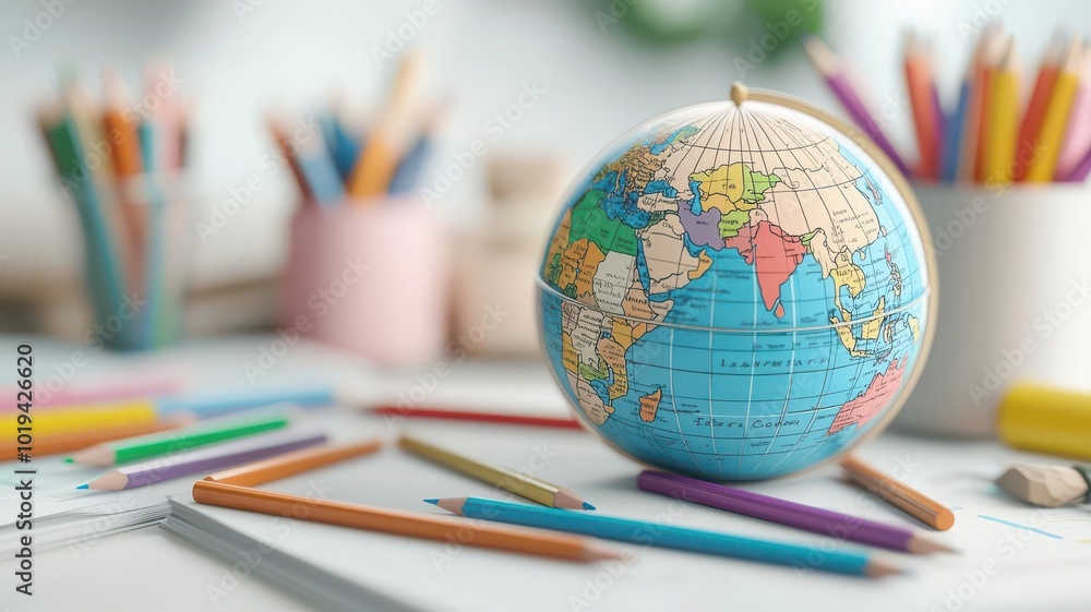 Globe with scattered pens and pencils on a desk, global learning concept, 3D illustration Globe with scattered pens and pencils on a desk, global learning concept, 3D illustration