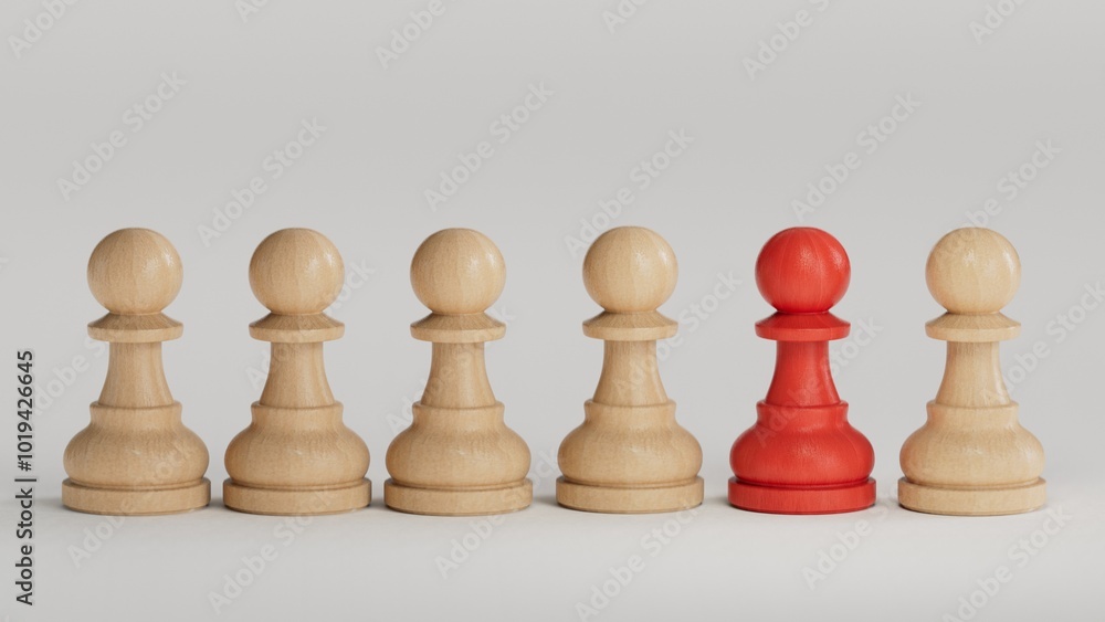 A RED chess piece that is different from the other white chess pieces. concept of difference.3D rendering on white background.
A RED chess piece that is different from the other white chess pieces. concept of difference.3D rendering on white background.