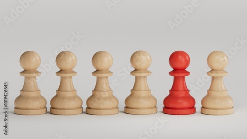 A RED chess piece that is different from the other white chess pieces. concept of difference.3D rendering on white background. 