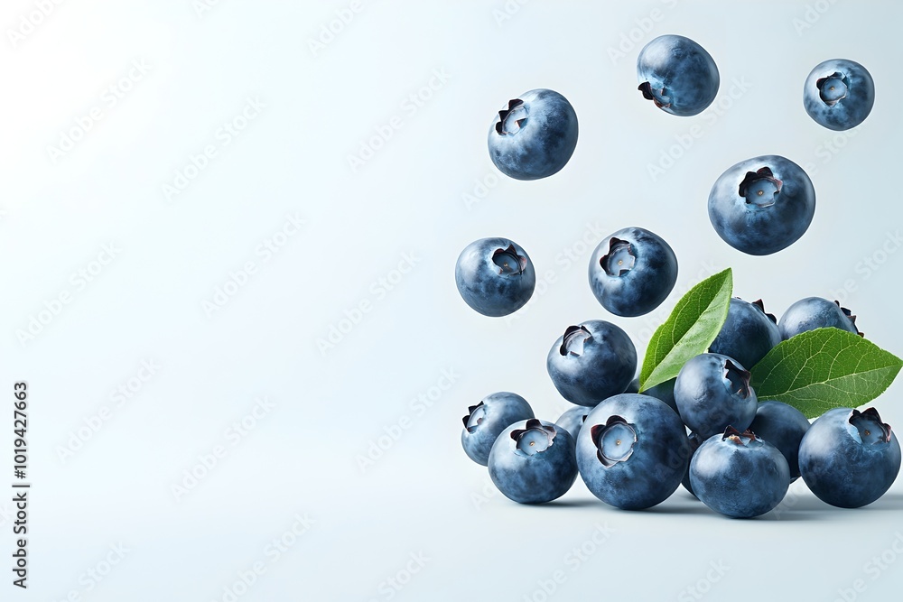 Visually striking studio shot of many blueberries floating and ...