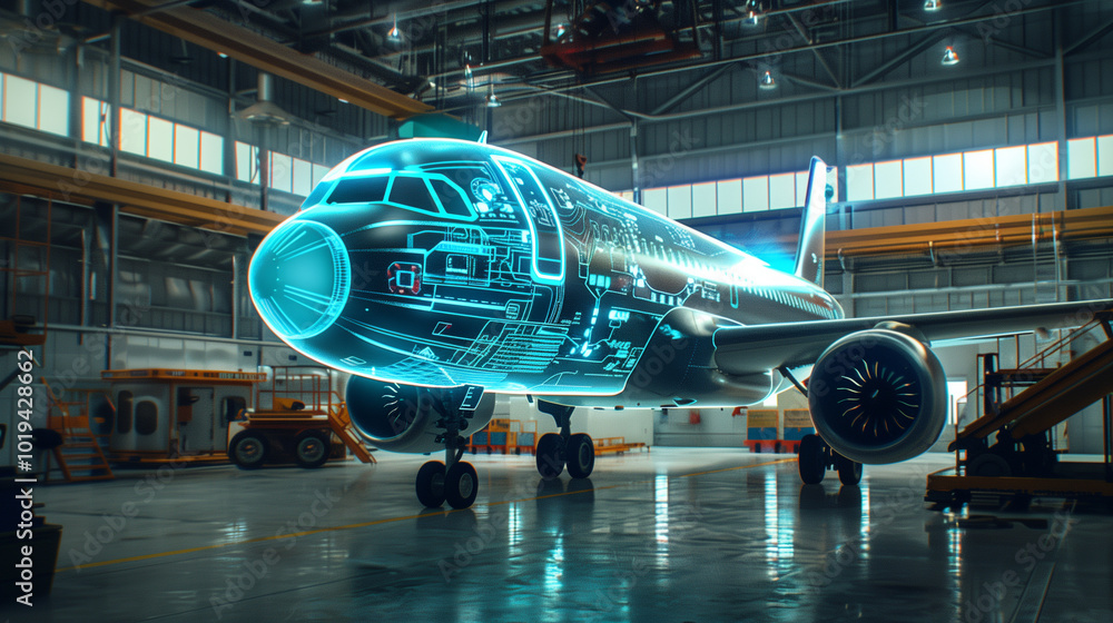 Futuristic holographic airplane model in a high-tech factory representing advanced aviation technology Futuristic holographic airplane model in a high-tech factory representing advanced aviation technology
