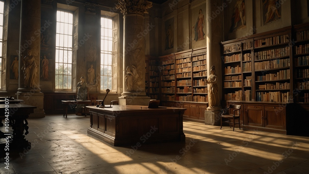 Show Athena teaching in an ancient academy, set against a library filled with books and a solemn classroom, symbolizing the transmission of education and wisdom. Show Athena teaching in an ancient academy, set against a library filled with books and a solemn classroom, symbolizing the transmission of education and wisdom.