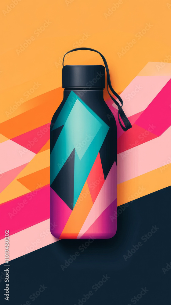 Colorful reusable water bottle with geometric design. Colorful reusable water bottle with geometric design.