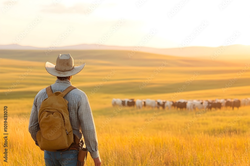 Weathered Cowboy Herding Cattle Across Vast Sun Drenched Prairie Landscape Weathered Cowboy Herding Cattle Across Vast Sun Drenched Prairie Landscape