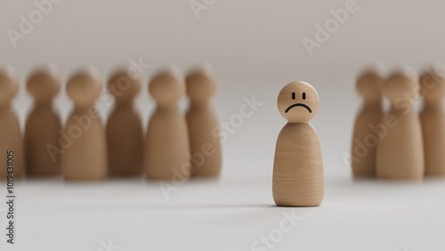Sad wooden figure standing out from the crowd.3D rendering on black background.

