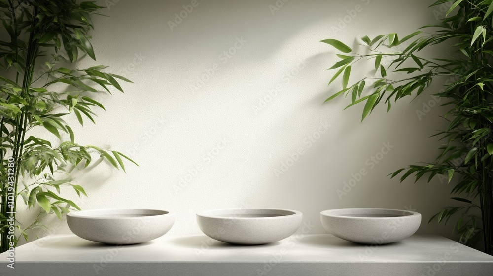 Three minimalist bowls displayed with bamboo accents on a neutral background. Three minimalist bowls displayed with bamboo accents on a neutral background.